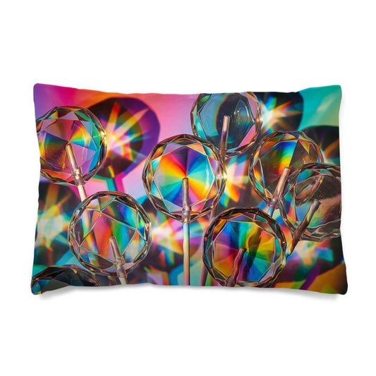 Colorful pillow with abstract design of glass objects on a white background