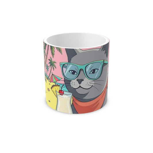 Mug with a cat design wearing sunglasses and holding a cocktail, on a white background