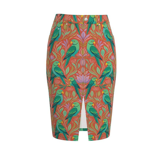 Botanical Parrot Denim Midi Skirt (from XXS to XXL)