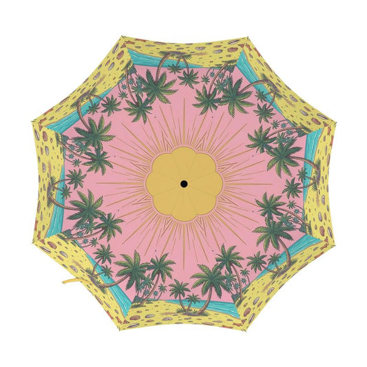 Umbrella with palm tree and sun design on a pink background