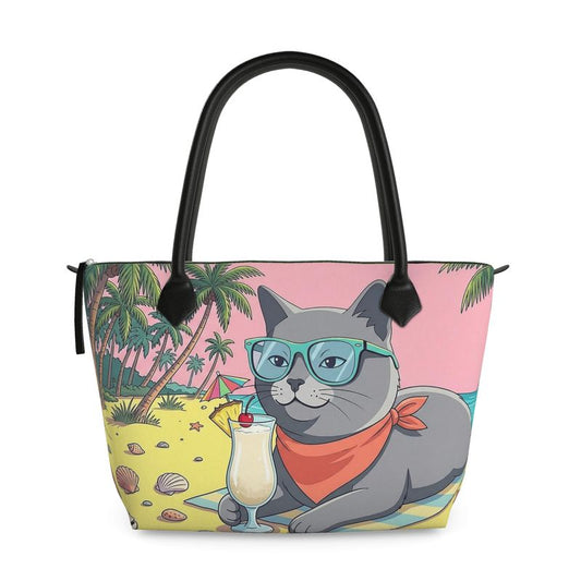 Tote bag with a cat design holding a drink, palm trees, and beach scene on a pink background.