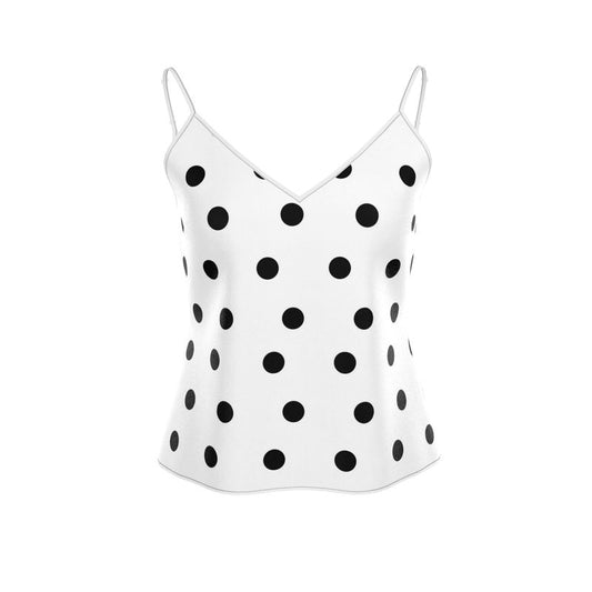 White tank top with black polka dots on a white background