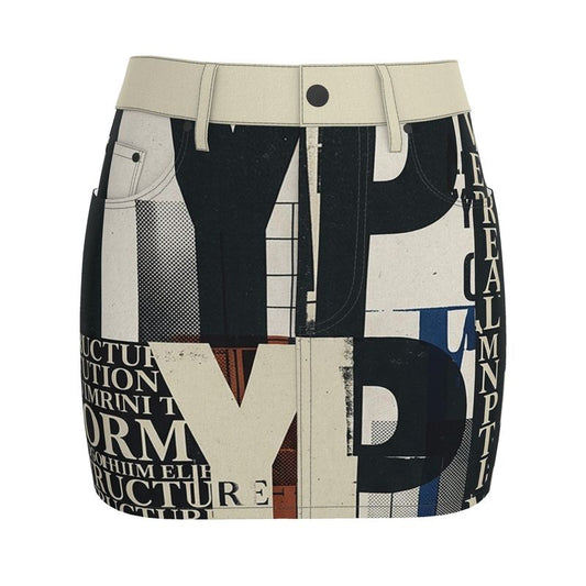 Skirt with abstract pattern and text on a white background