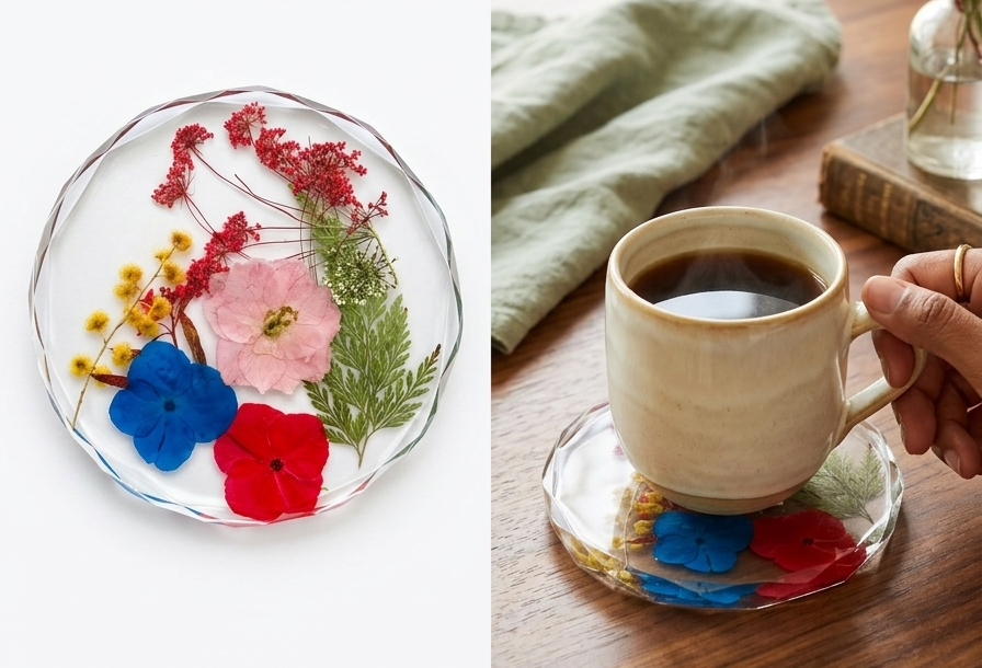 Coaster with pressed flowers on a white background and a cup of coffee with a similar coaster on a wooden table.