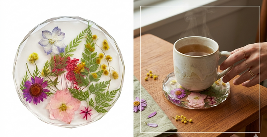 Floral coaster with a cup of tea on a wooden surface