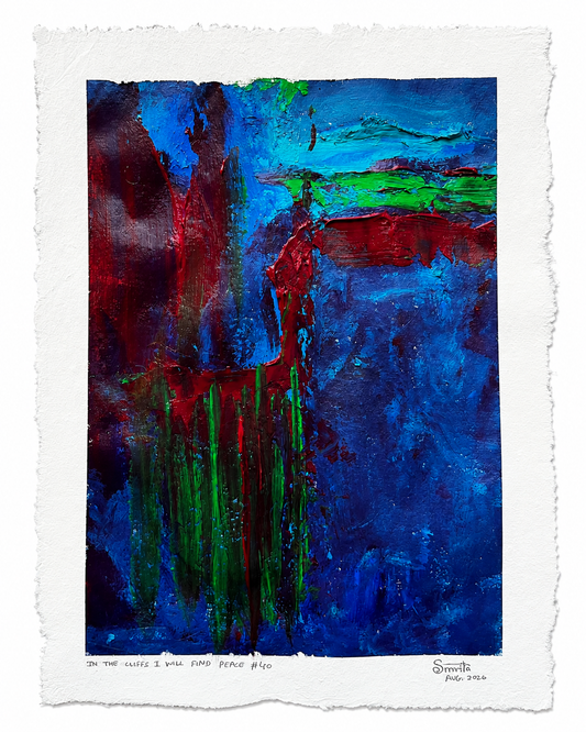 An abstract art print featuring a textured, expressive painting with dominant deep blues, vibrant reds, and green accents, presented on a white paper sheet with a torn edge.
