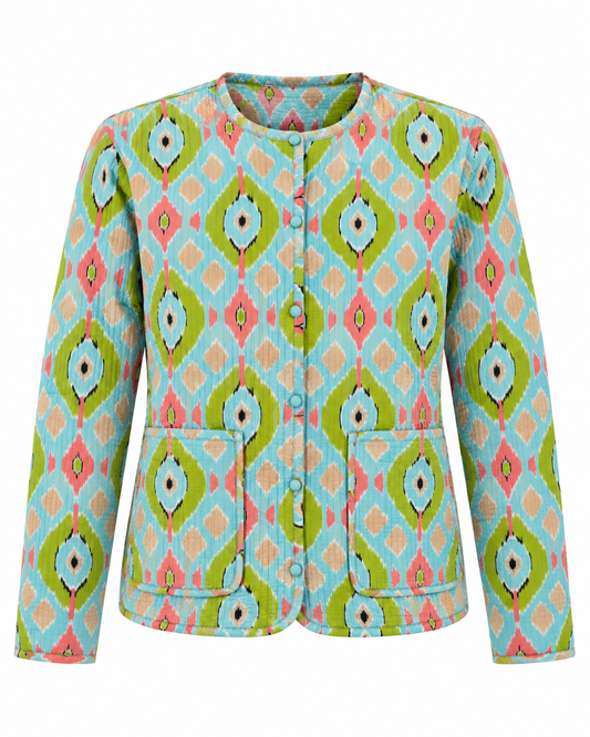A women's cropped jacket featuring a vibrant geometric ikat pattern in light blue, lime green, pink, and beige, with a button-up front and two front patch pockets.