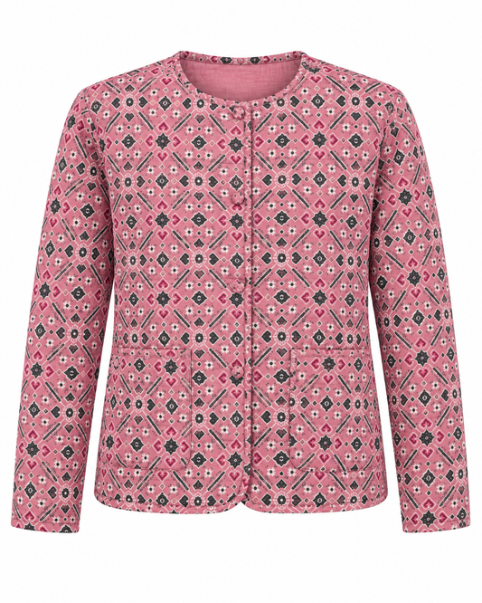 A pink long-sleeve quilted jacket with a geometric diamond pattern in black, white, and gray, featuring a button-up front and two front patch pockets.