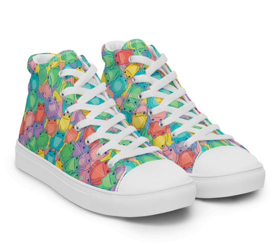 Colorful high-top sneakers with a pattern of cartoon characters on a white background