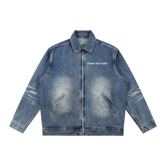 Blue denim jacket with brand logo on a white background