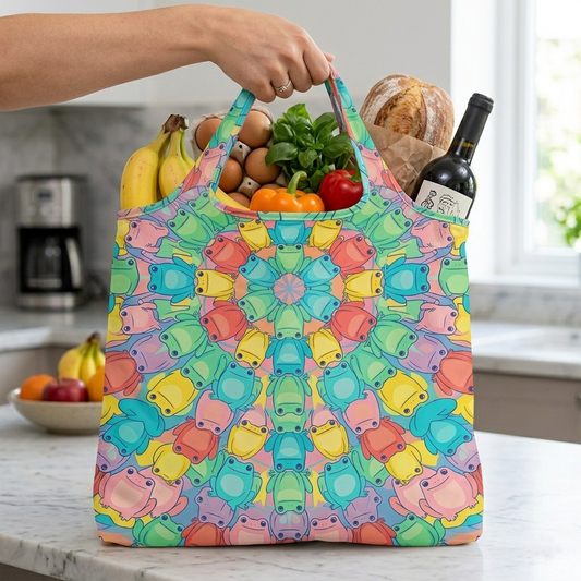 Colorful reusable grocery bag with a geometric pattern filled with groceries in a kitchen setting.