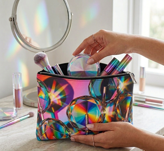 Multicolored makeup bag with cosmetic items on a vanity table.