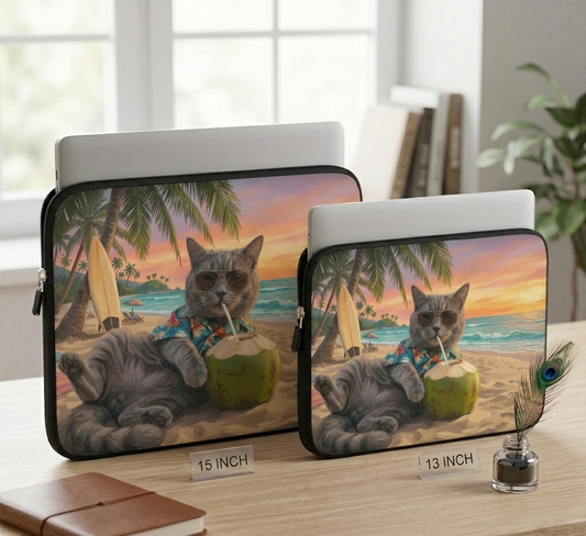 Two laptop sleeves with a cat design on a table.