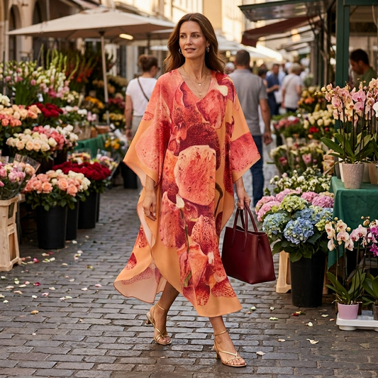 Woman in a floral dress walking through a flower market