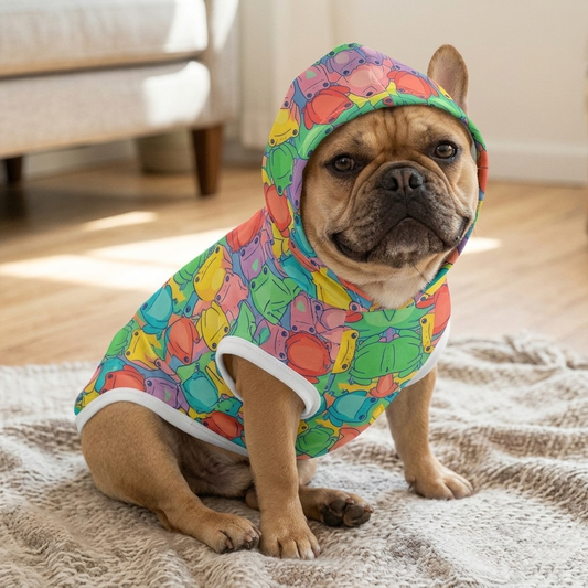 Dog wearing a colorful hoodie with a turtle pattern on a rug.