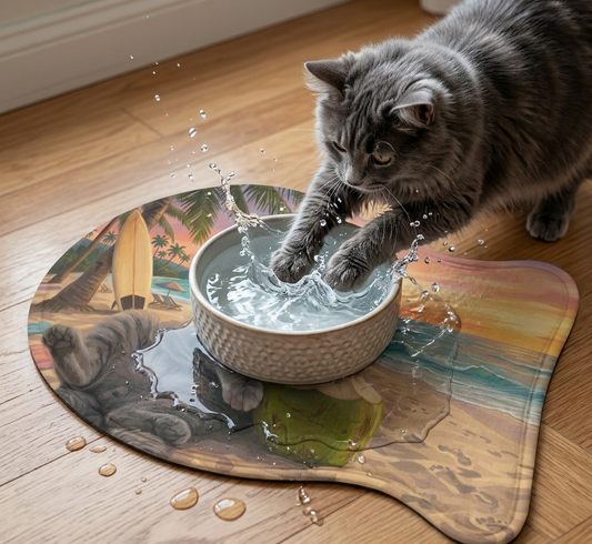 Cat playing with water on a colorful mat