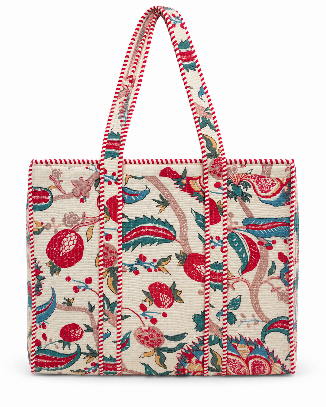 Jaipuri Hand Made White Base with Red Floral Carry All Tote Bag 100% Cotton