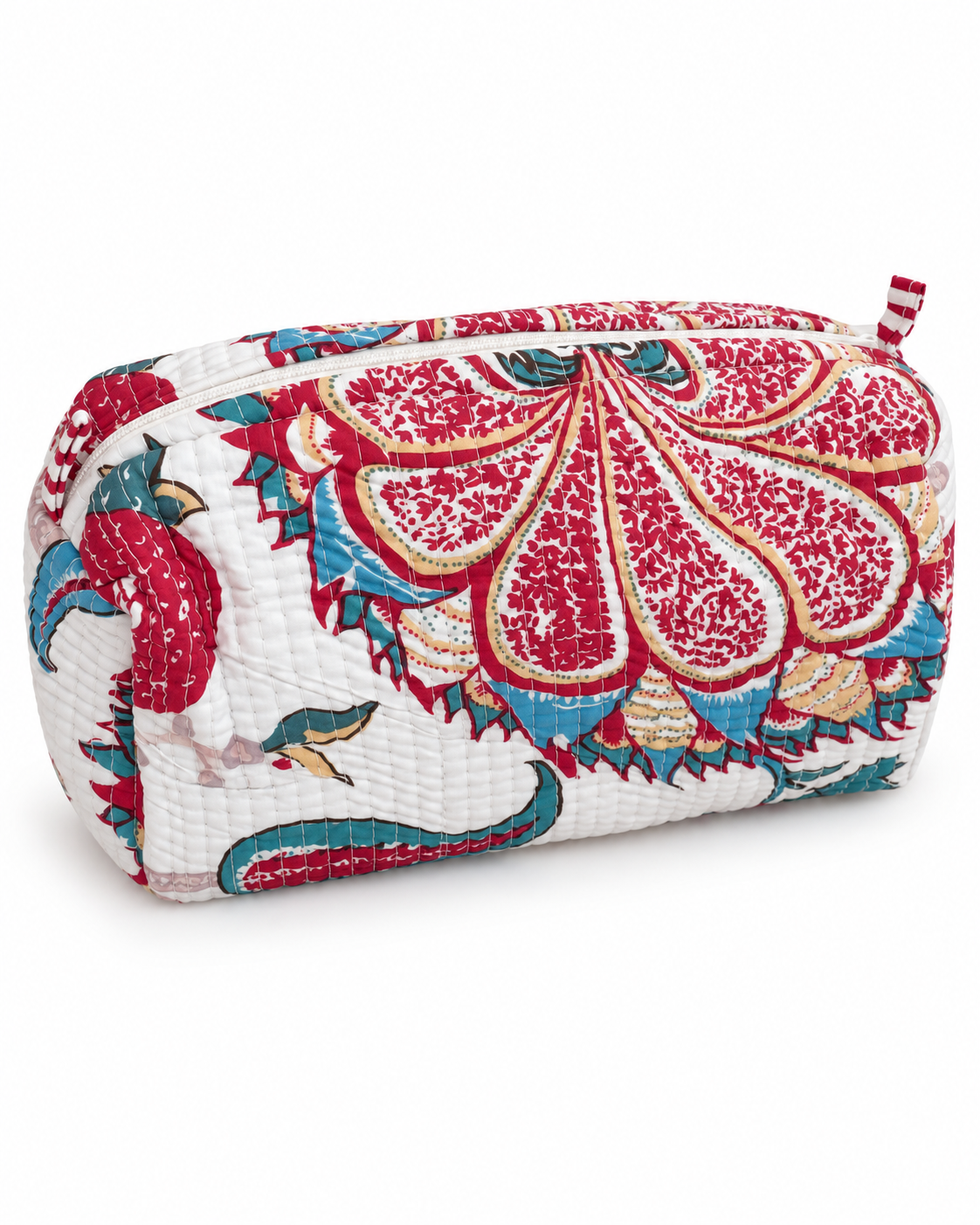 Jaipuri Hand Made White Base Red Floral Storage Pouch With Zipper 100% Cotton