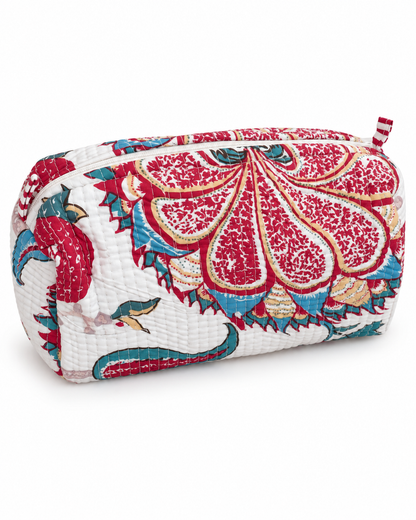 Jaipuri Hand Made White Base Red Floral Storage Pouch With Zipper 100% Cotton