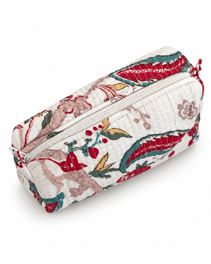 Jaipuri Hand Made White Base Red Floral Storage Pouch With Zipper 100% Cotton