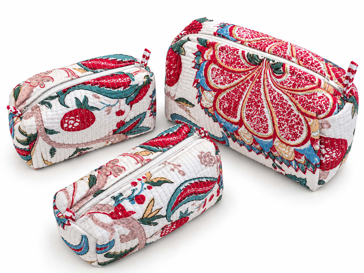 Jaipuri Hand Made White Base Red Floral Storage Pouch With Zipper 100% Cotton