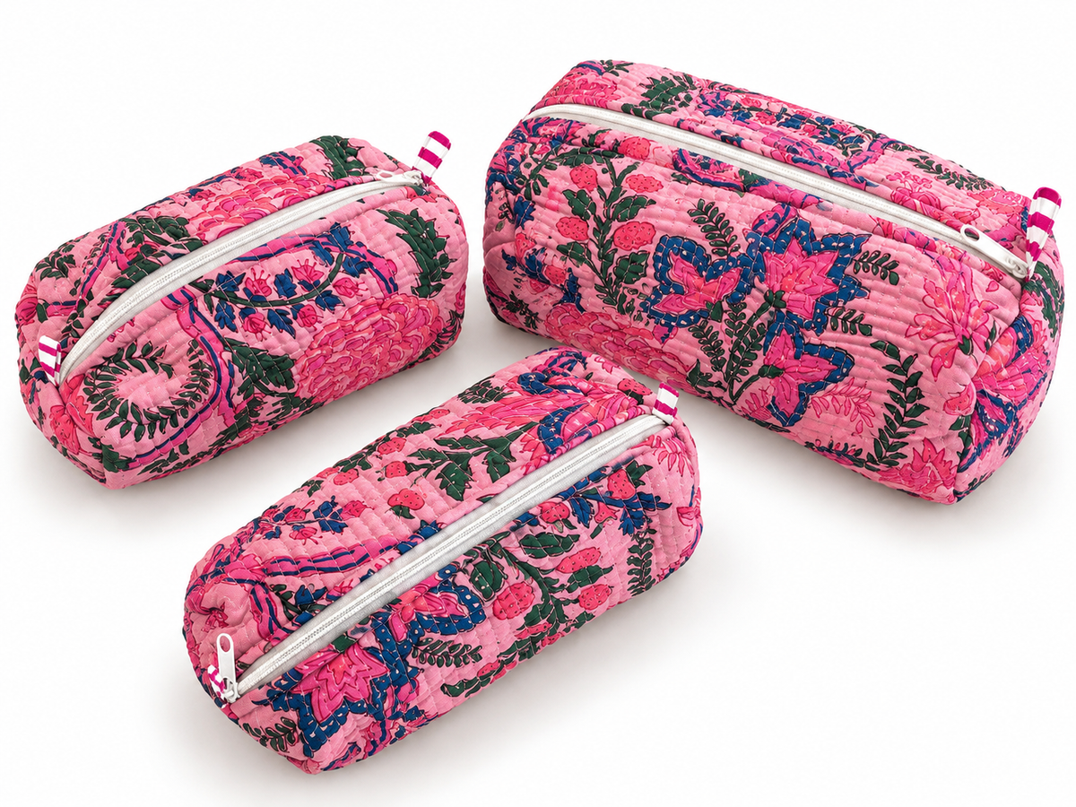 Jaipuri Hand Made Light Pink Base Pink Floral Storage Pouch With Zipper 100% Cotton