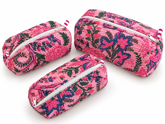 Jaipuri Hand Made Light Pink Base Pink Floral Storage Pouch With Zipper 100% Cotton