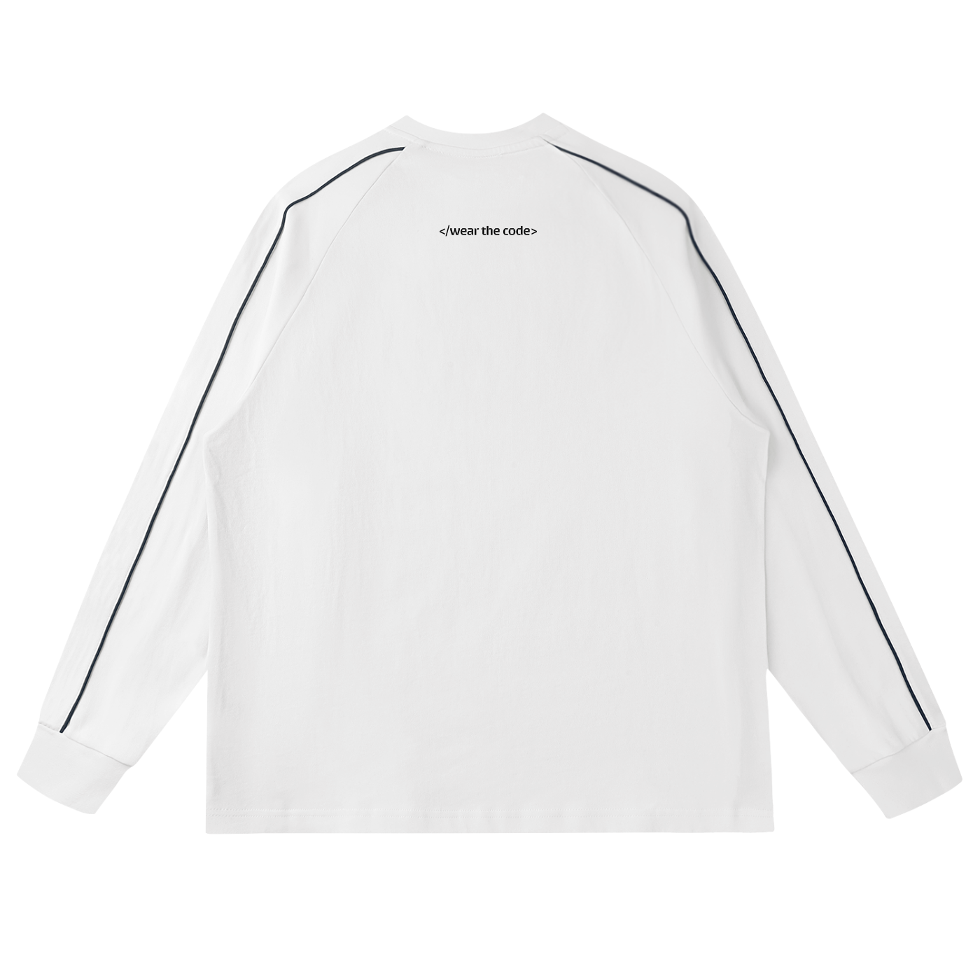 White long-sleeve shirt with black stripes on a white background