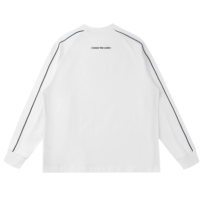 White long-sleeve shirt with black stripes on a white background