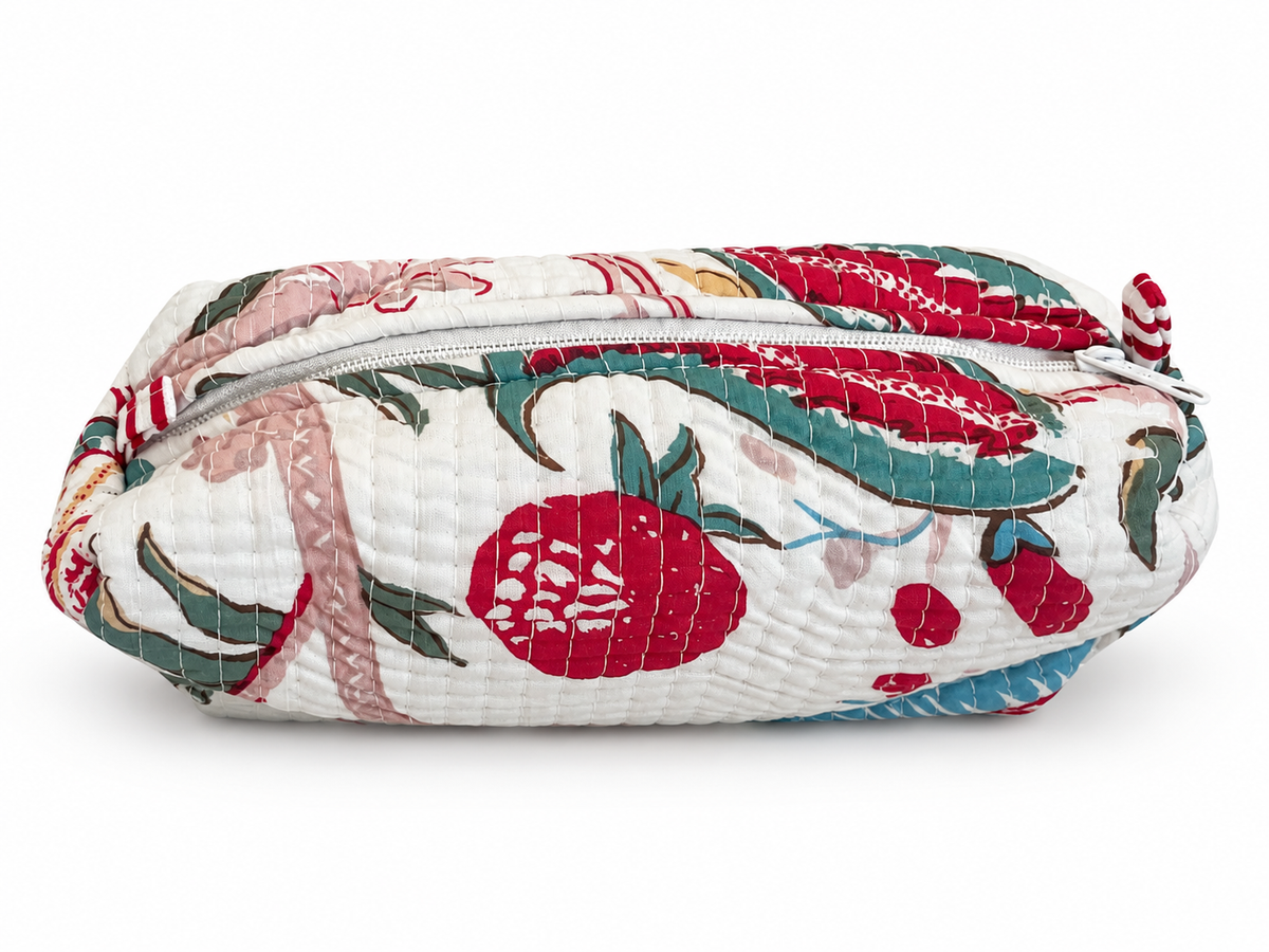 Jaipuri Hand Made White Base Red Floral Storage Pouch With Zipper 100% Cotton