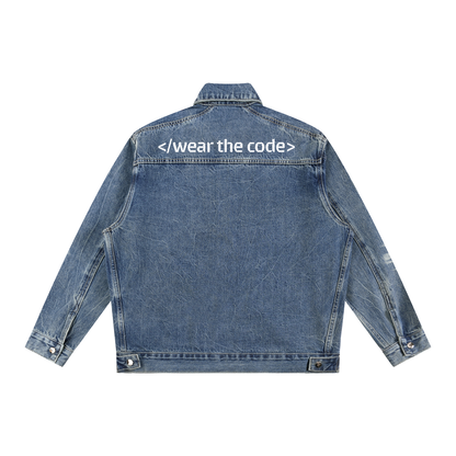 </wear the code> White Men Vintage Wash Zip Up Denim Jacket