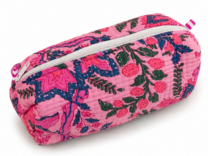 Jaipuri Hand Made Light Pink Base Pink Floral Storage Pouch With Zipper 100% Cotton