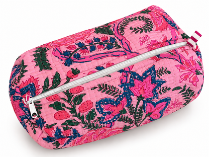 Jaipuri Hand Made Light Pink Base Pink Floral Storage Pouch With Zipper 100% Cotton