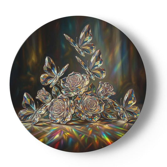 Round artwork with iridescent butterflies and roses on a dark background