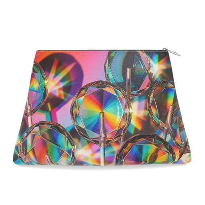 Multicolored geometric patterned pouch on a white background