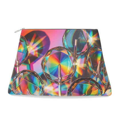 Colorful geometric patterned pouch on a white background