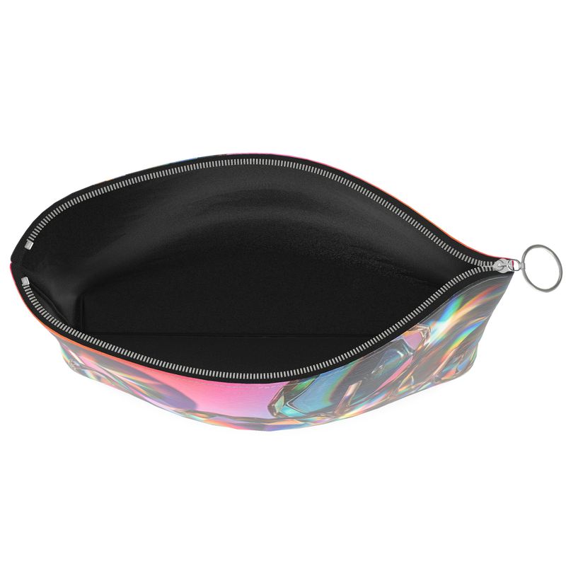 Holographic pouch with a black interior on a white background