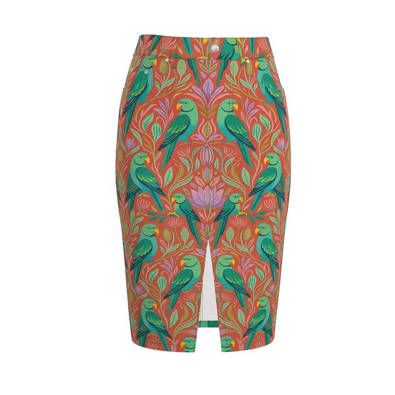 Botanical Parrot Denim Midi Skirt (from XXS to XXL)