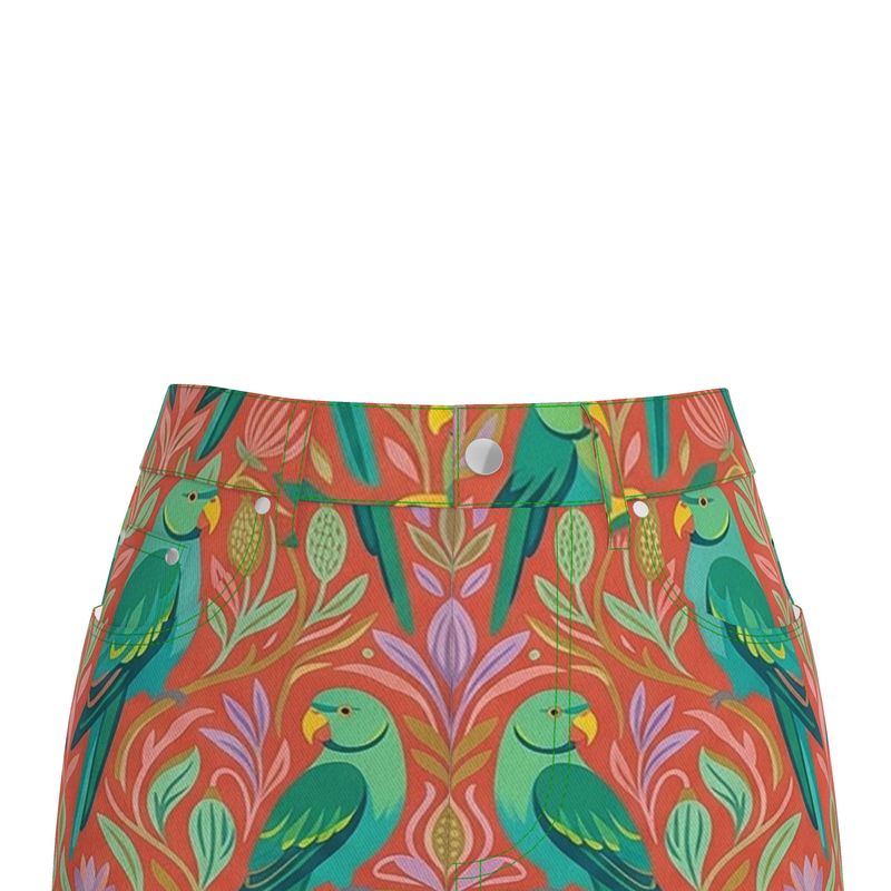 Botanical Parrot Denim Midi Skirt (from XXS to XXL)