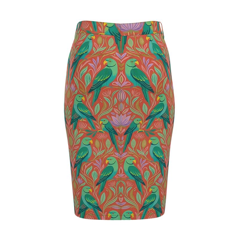 Botanical Parrot Denim Midi Skirt (from XXS to XXL)