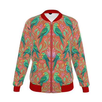 Colorful jacket with parrot pattern on a white background