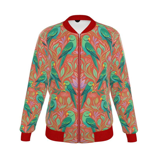 Colorful jacket with parrot pattern on a white background