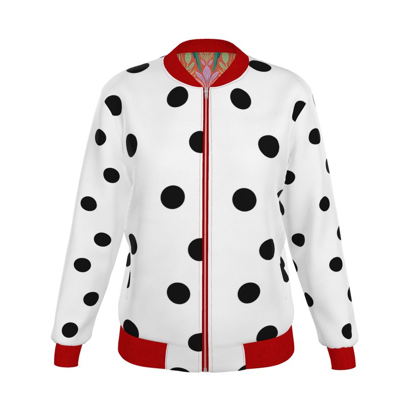 Polka dot jacket with red accents on a white background