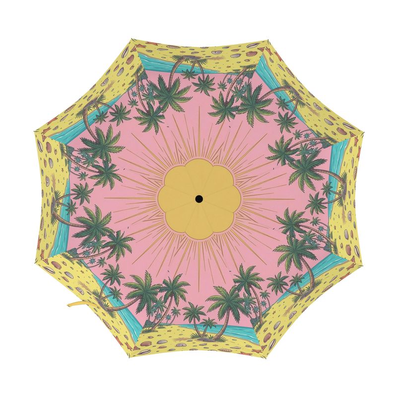 Umbrella with palm tree and sun design on a pink background