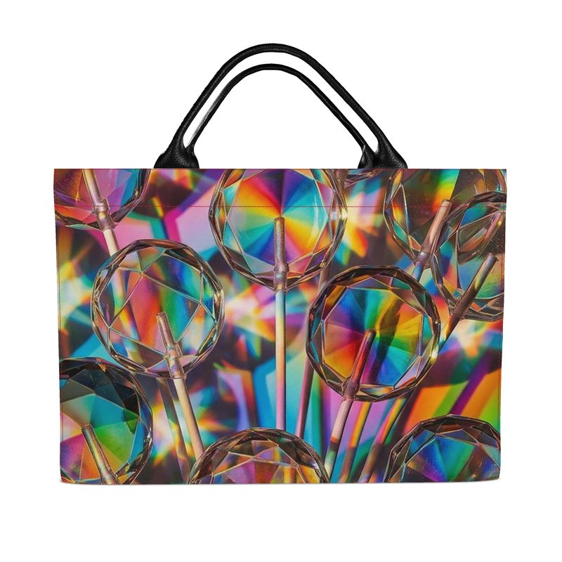 Colorful tote bag with abstract design on a white background