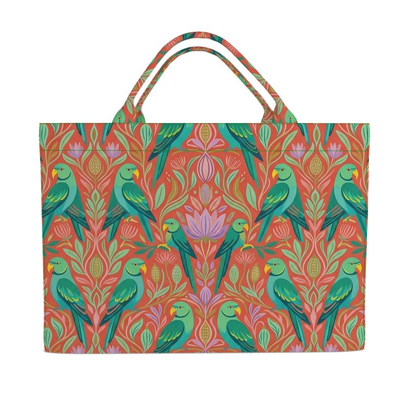 Tote bag with green parrot and floral pattern on a red background