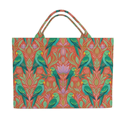 Tote bag with green parrot and floral pattern on a red background