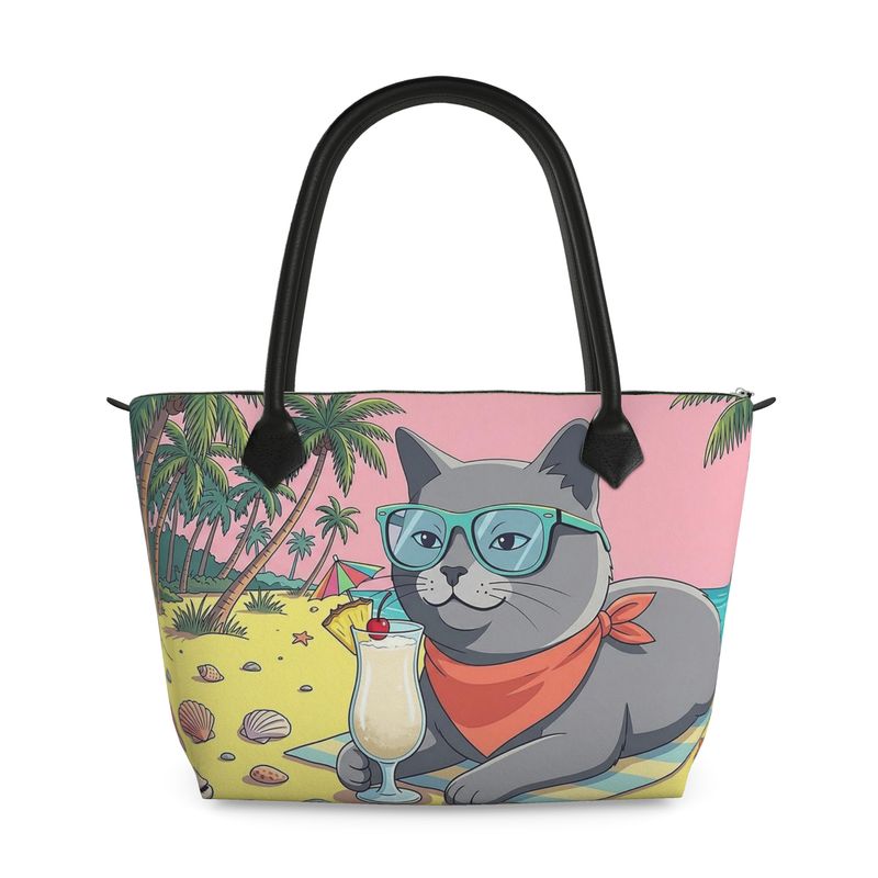 Tote bag with a cat design on a beach, wearing sunglasses and a bandana, with palm trees and a pink sky.