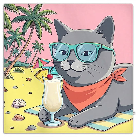 Cartoon cat with sunglasses and a drink on a beach