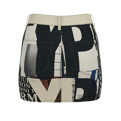 Skirt with a collage design featuring text and abstract patterns on a white background